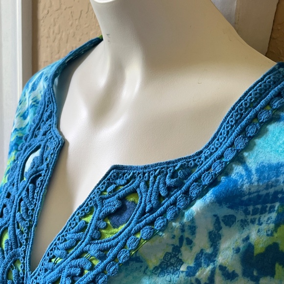 Jones New York Signature Plus 3X Blue Green Crochet Trim Cotton Tunic Top - Picture 9 of 13